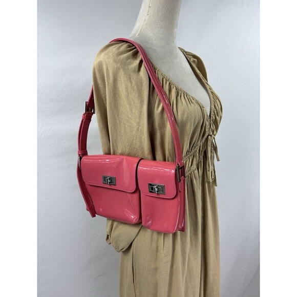 By Far Billie Patent Leather Top Handle Bag Bright Pink Pockets Toggles - Picture 13 of 14